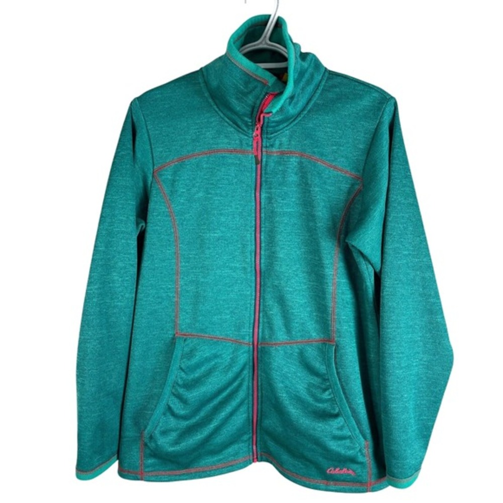Cabelas Womens Full Zip Fleece Jacket Large Green Polyester Pockets Mock Neck